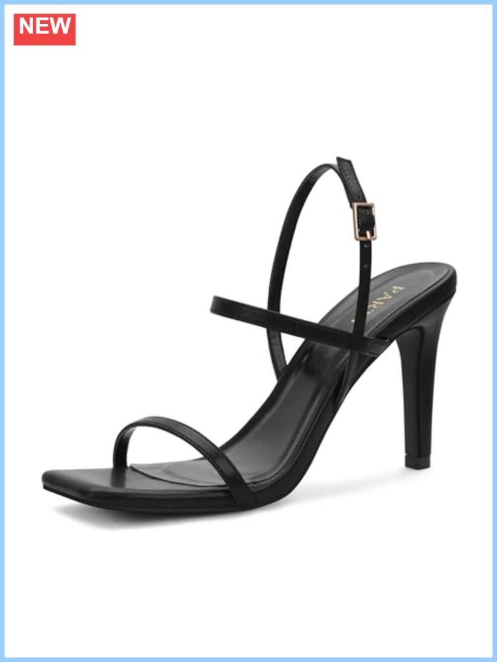 Strappy Square Toe High Heel Sandals Ankle Strap Faux Leather 3.54in Heel